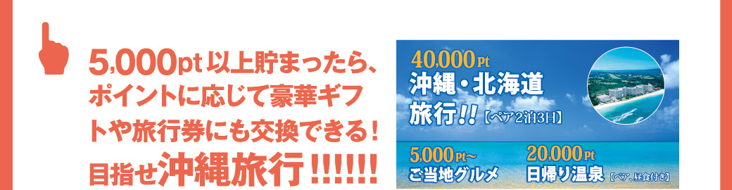 5,000pt以上貯まったら、
ポイントに応じて豪華ギフトや旅行券にも交換できる！目指せ沖縄旅行!!!!!!